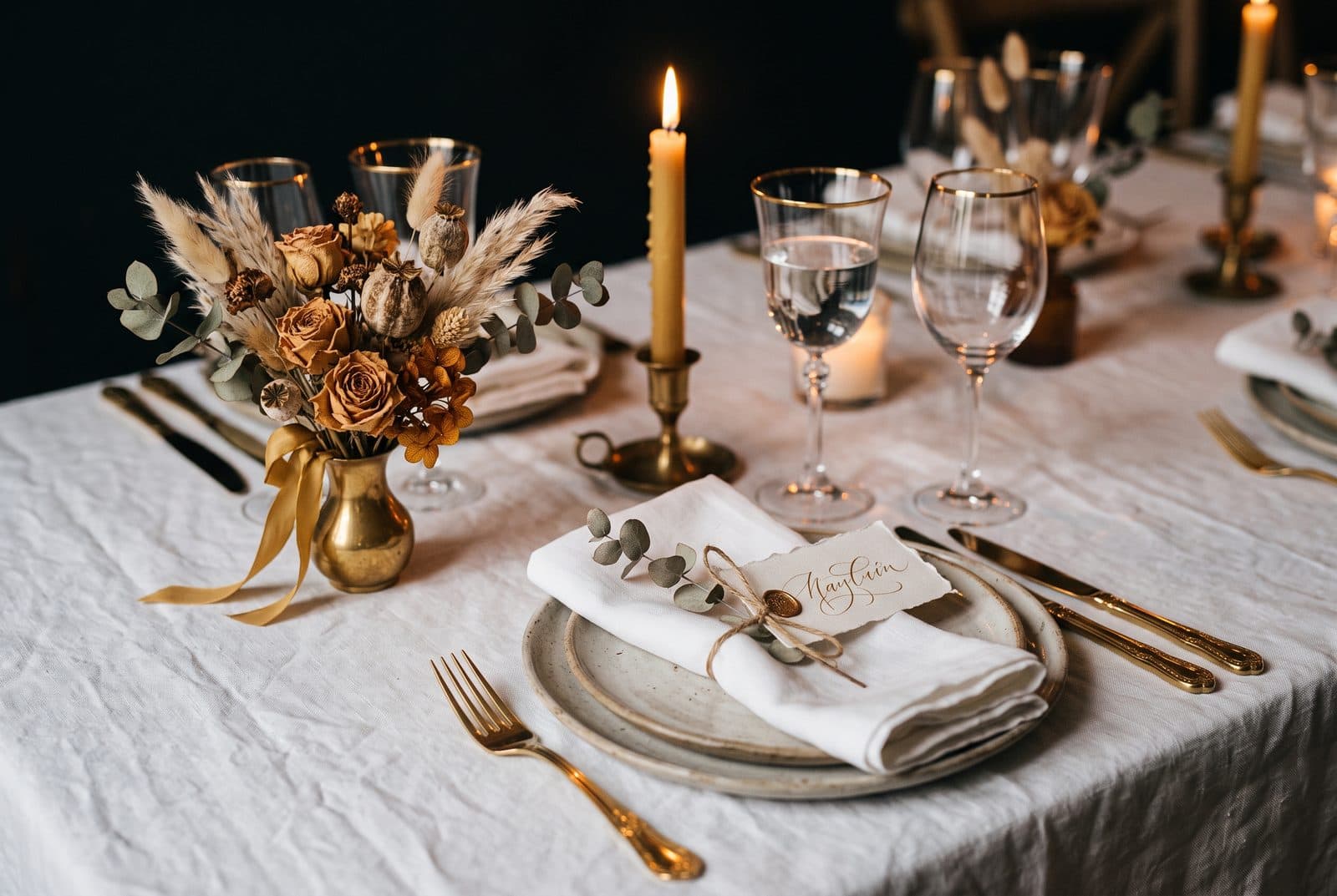 Elegant bryllupsbord med gulldetaljer og tørkede blomster