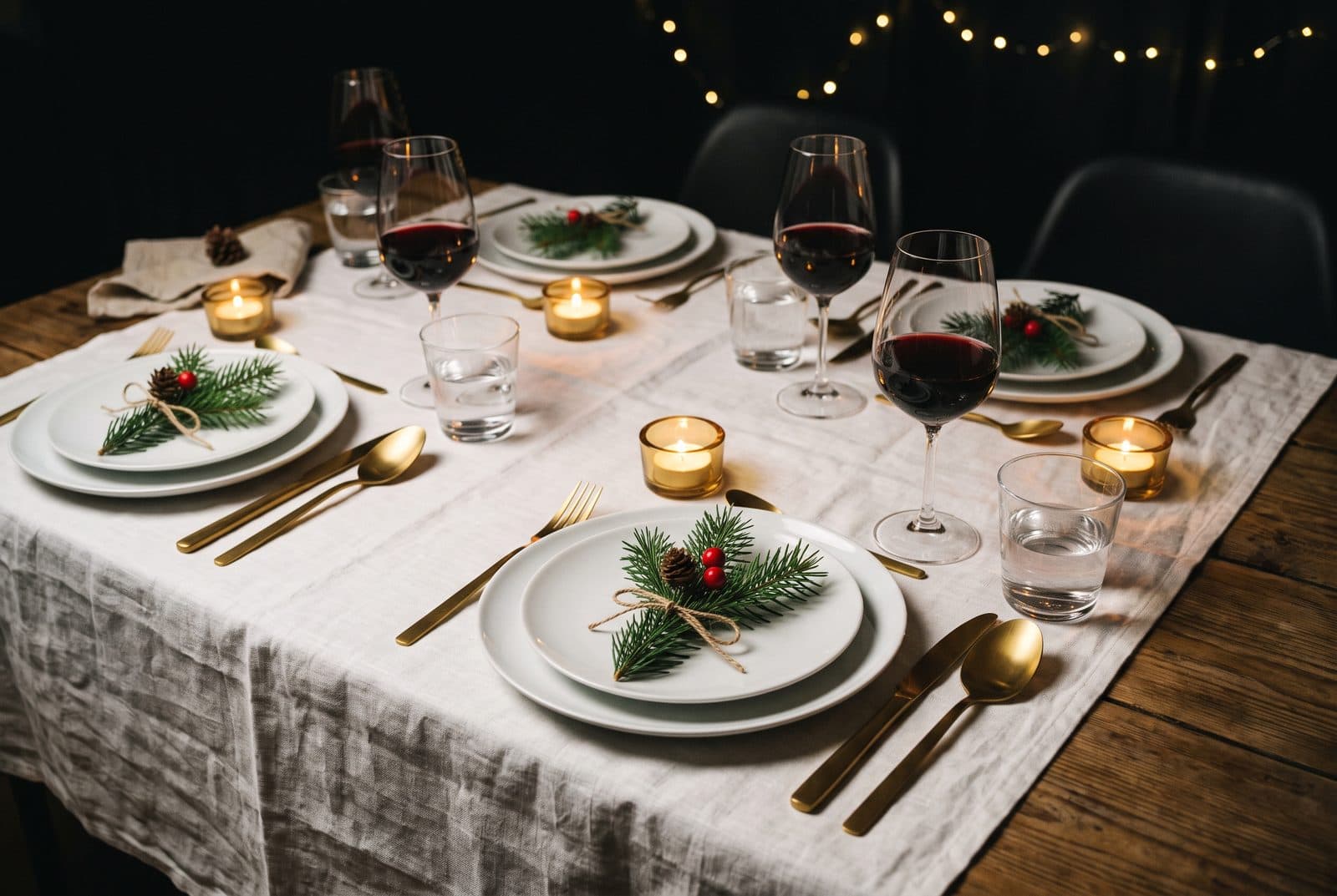 Dekket julebord sett ovenfra med telys og enkel julepynt