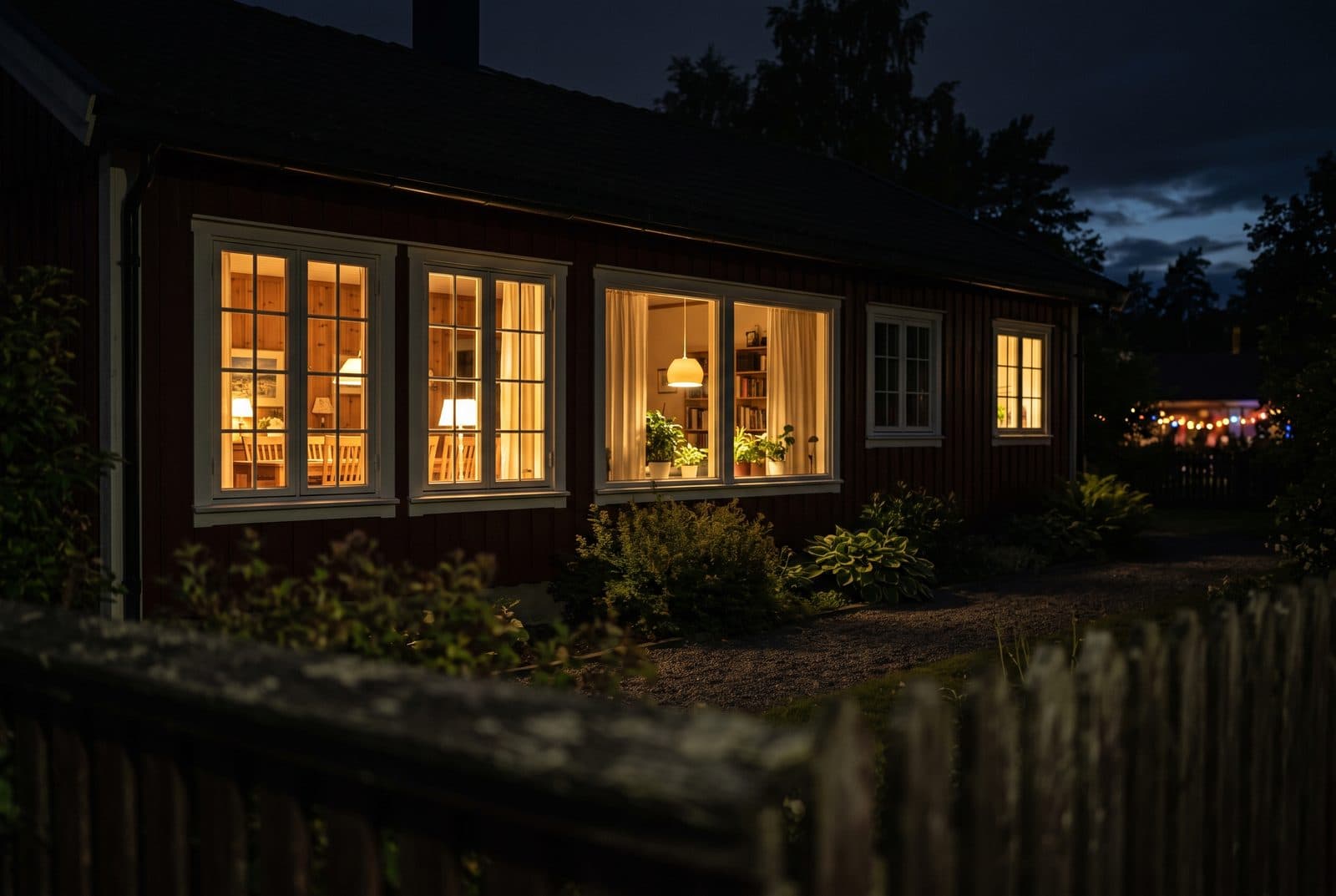 Opplyste hus om kvelden med et festlokale synlig i det fjerne