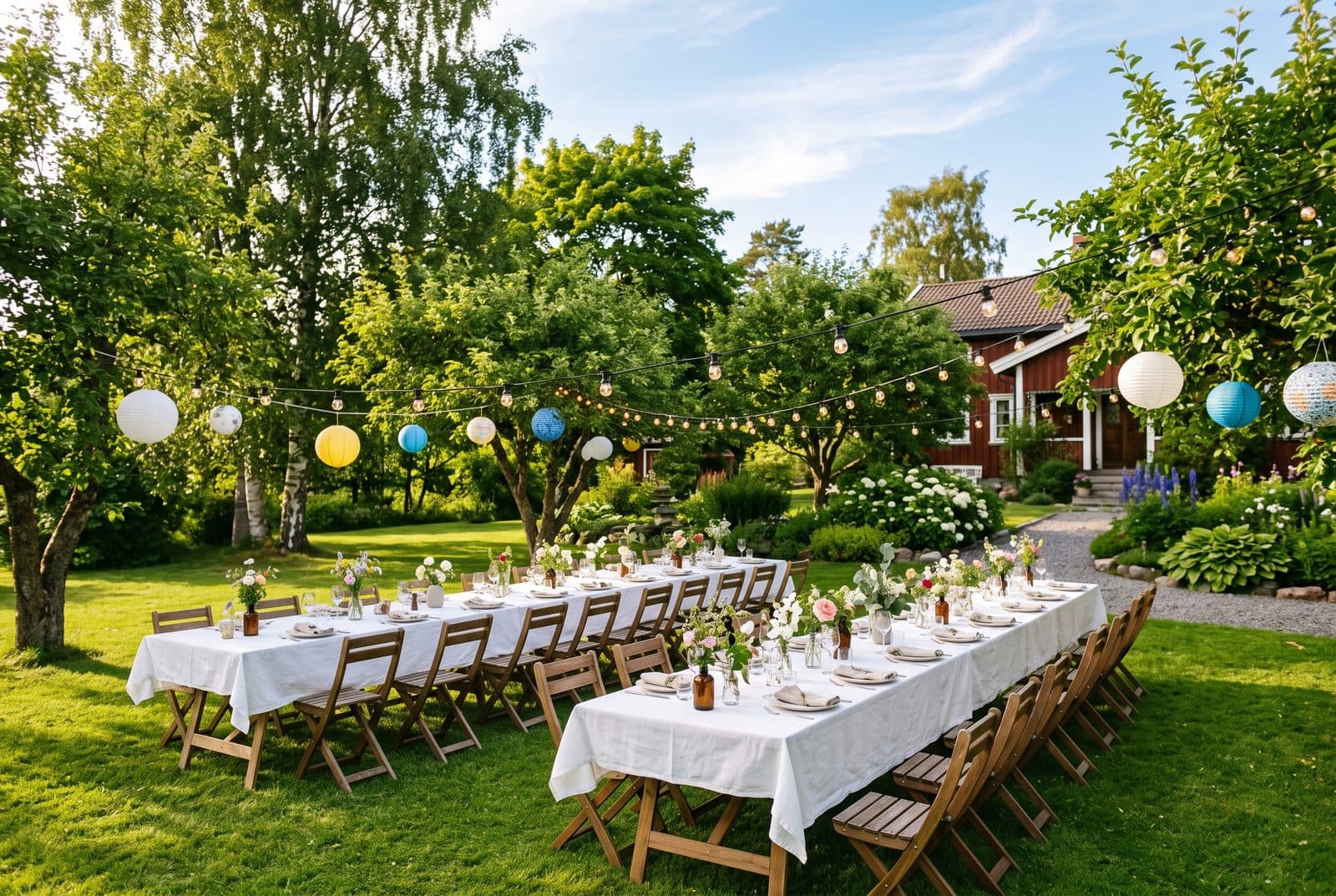 Hvite langbord i en solrik hage klargjort til sommerfest