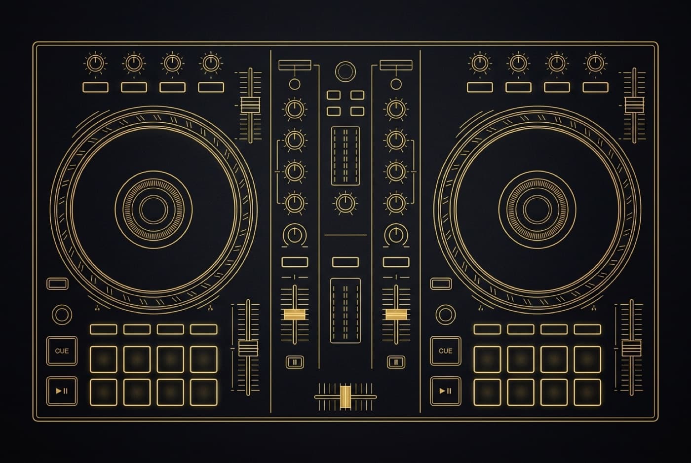 Teknisk tegning av en DJ-controller sett ovenfra med to jog-hjul og fadere
